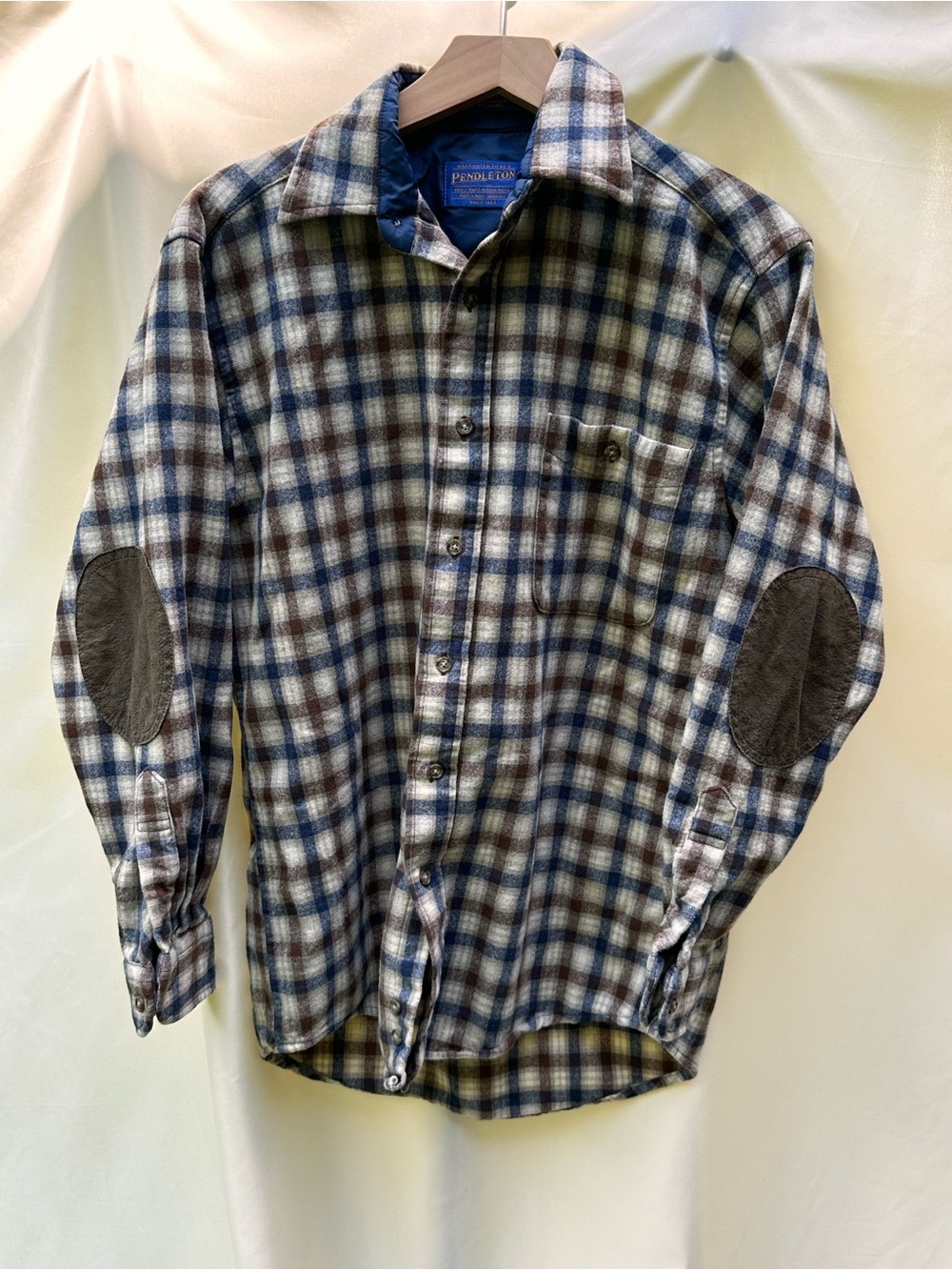 Pendleton Blue & Brown Plaid 100% Wool shirt- unisex small EUC leather elbow